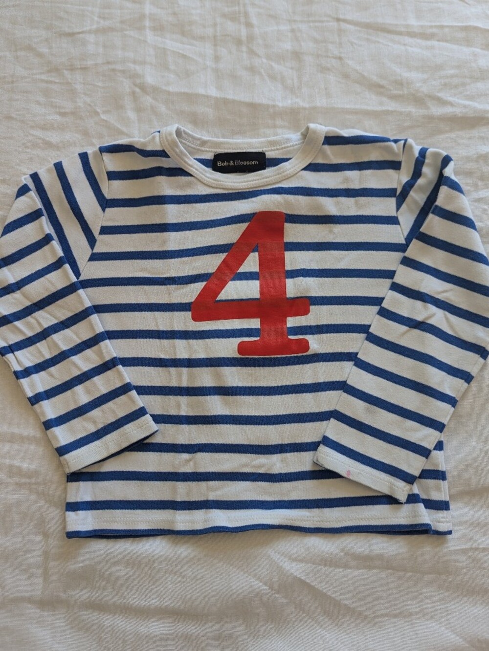 Bob & Blossom Blue Stripe Kids Long-Sleeve Top with Red Number 4